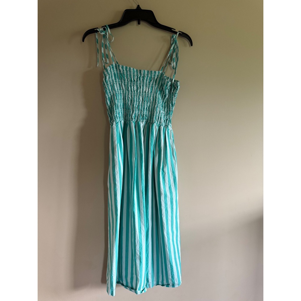A New Day Teal White Striped Smocked Midi Dress Womens Medium Tie Shoulder Strap